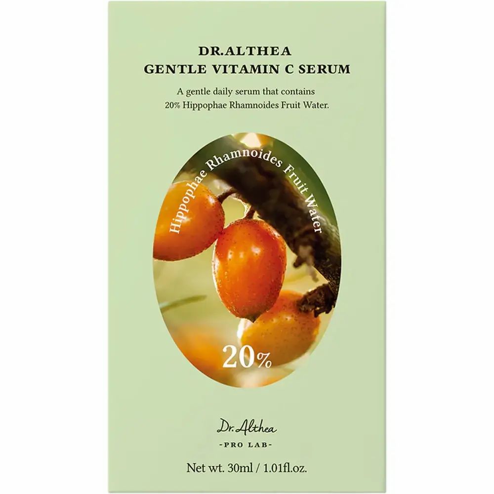 Verpackung: hellgrüne Schachtel mit Produktabbildung und Text. Aufschrift: Dr. Althea Gentle Vitamin C Serum.