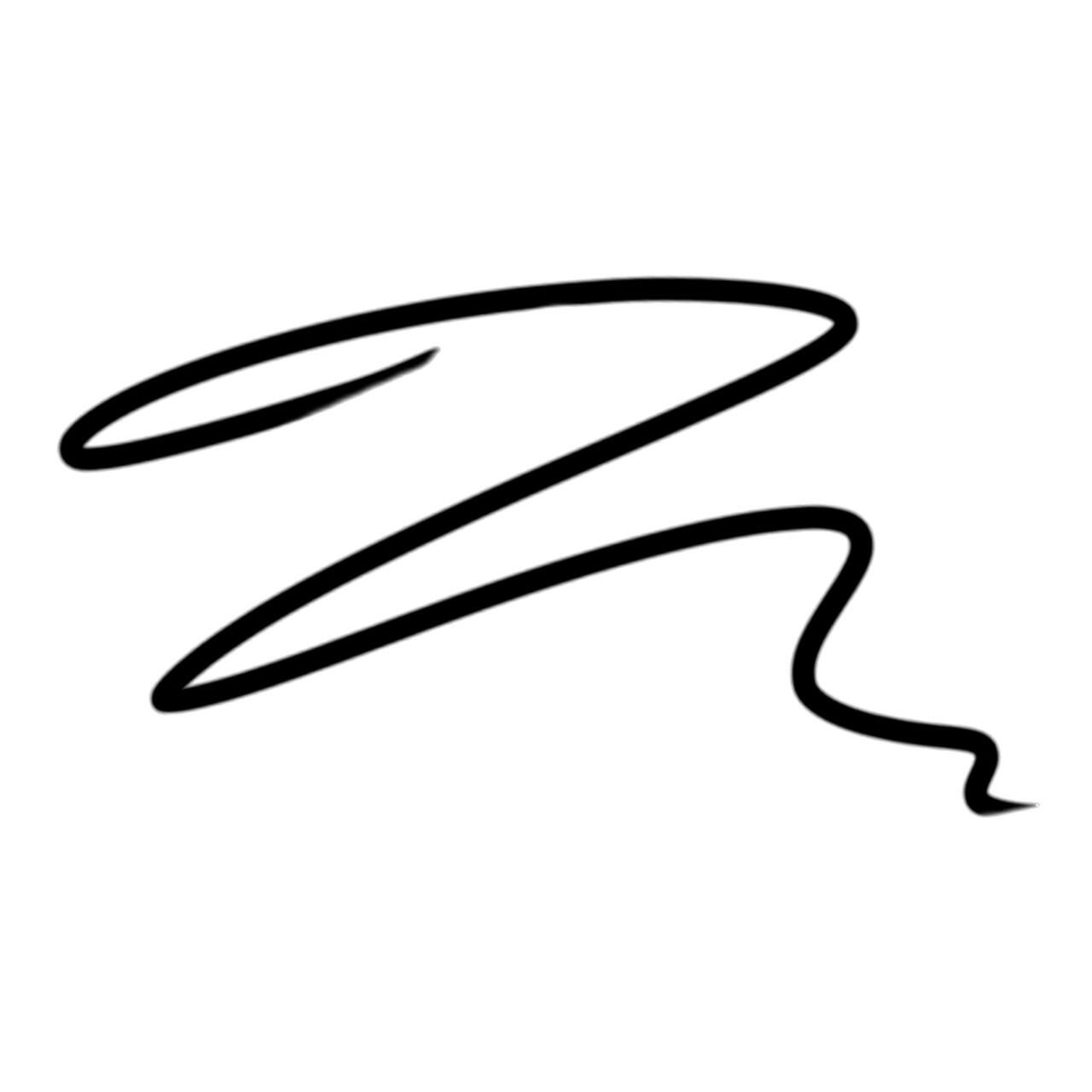 Schwarzer Eyeliner-Strich auf weißem Hintergrund. Die Linie ist geschwungen und wellenförmig.