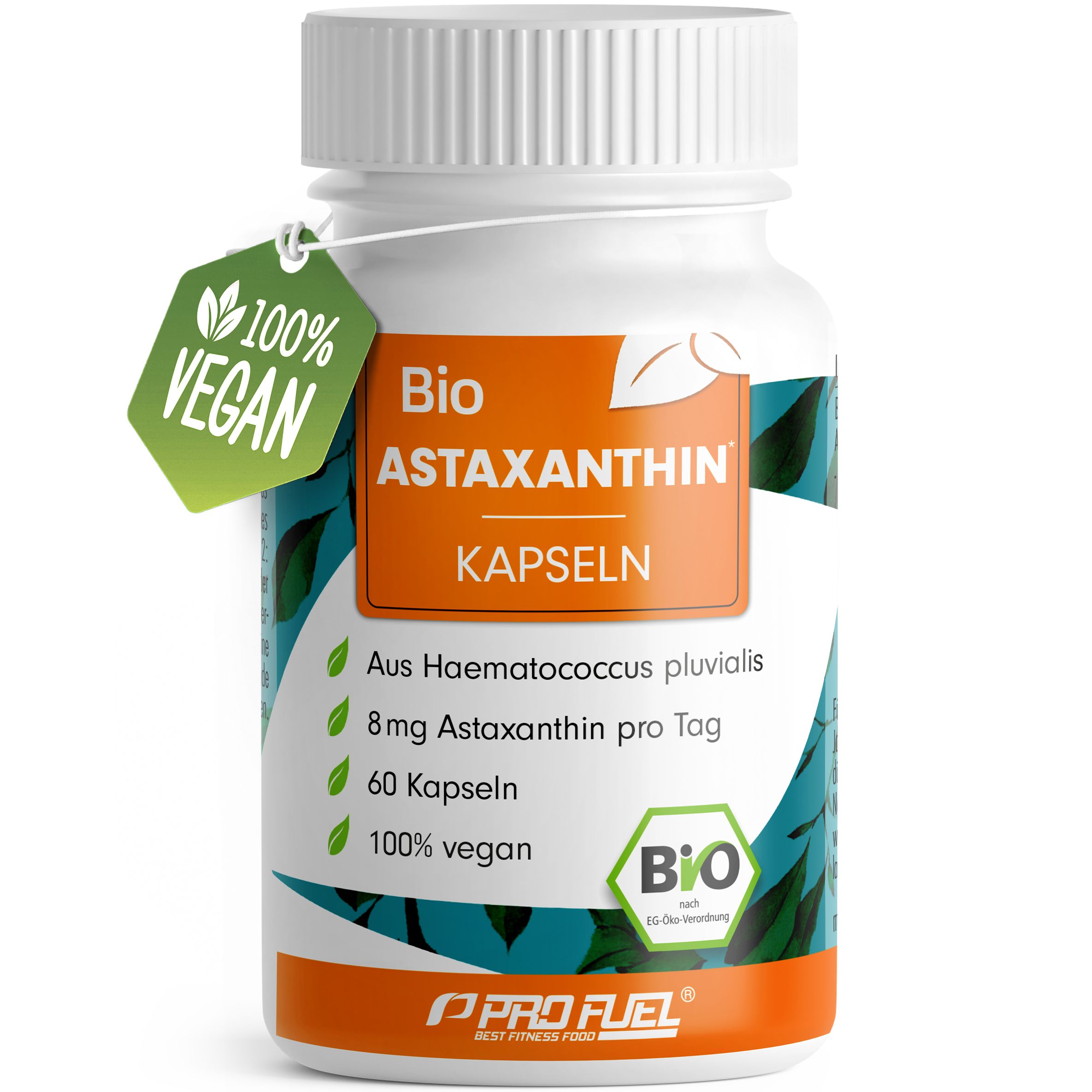 Weiße Flasche 'Bio Astaxanthin Kapseln'. Mit '100% Vegan' Anhänger. Enthält Informationen zu Inhaltsstoffen und 'Bio' Siegel.