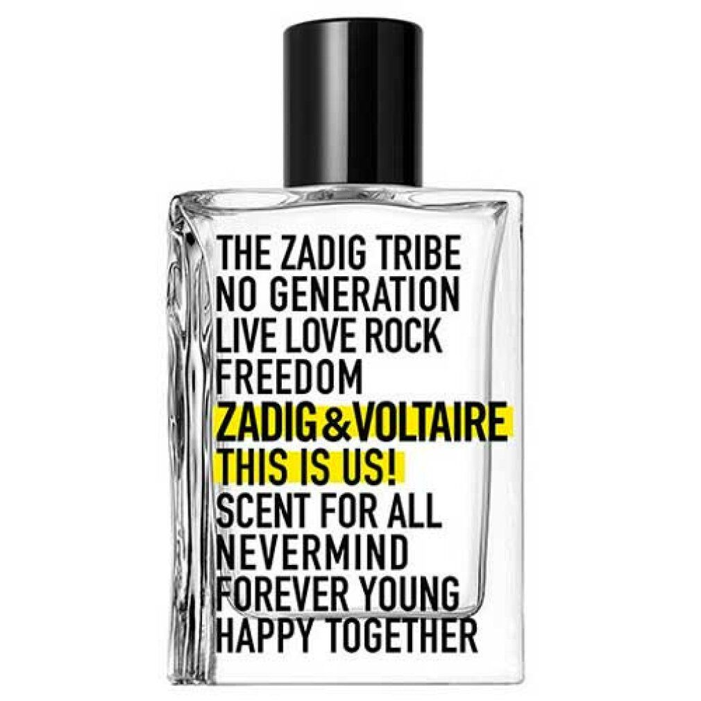 Klarer Flakon mit schwarzem Verschluss. Aufschrift: Zadig & Voltaire This is Us! Gelbe Akzente.