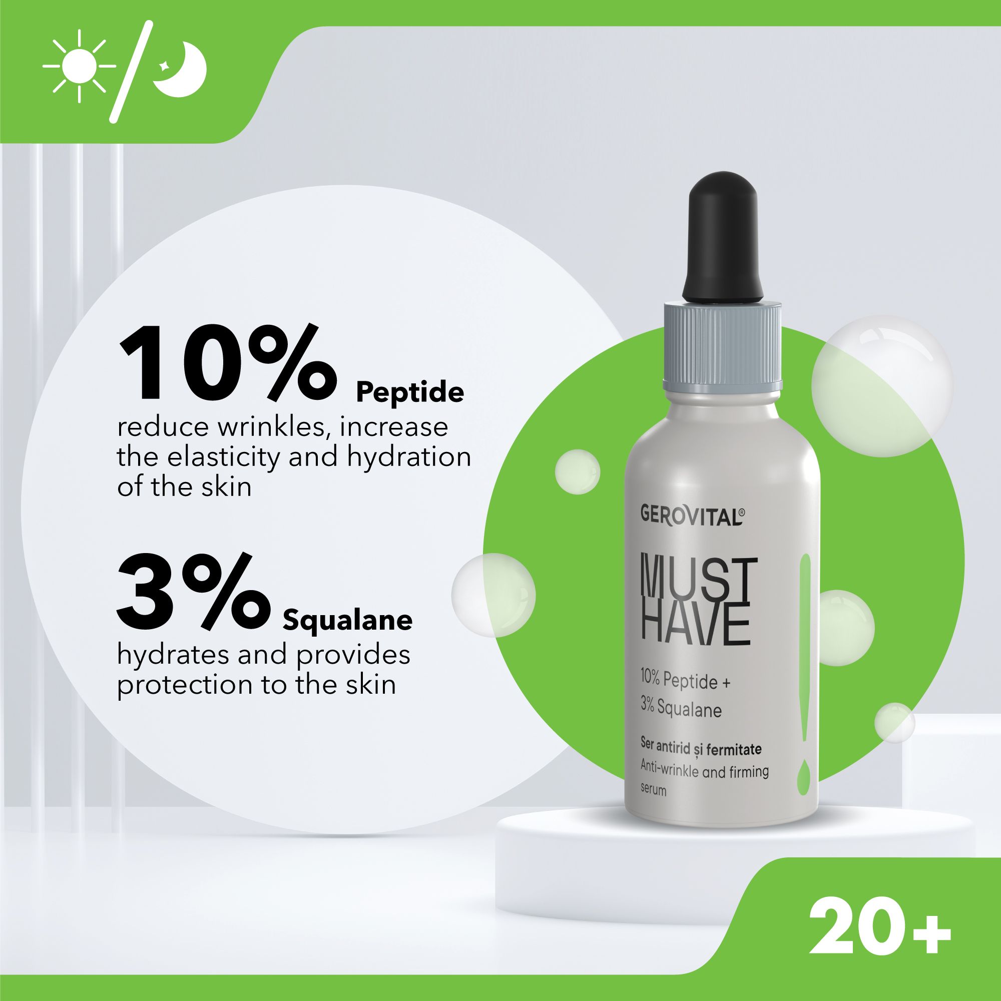 Serumflasche mit Text. Aufschrift: MUST HAVE, 10% Peptide + 3% Squalan. Anti-Falten-Serum. Inhaltsstoffe.