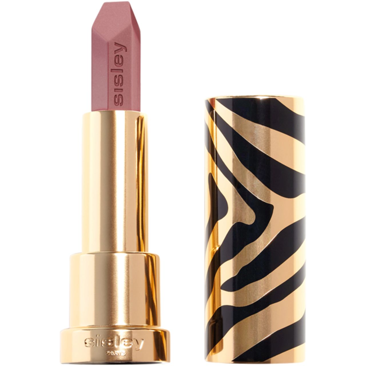 Goldfarbener Lippenstift mit geöffneter Hülse. Der Lippenstift ist rosa. Die Hülse hat ein Zebra-Muster.