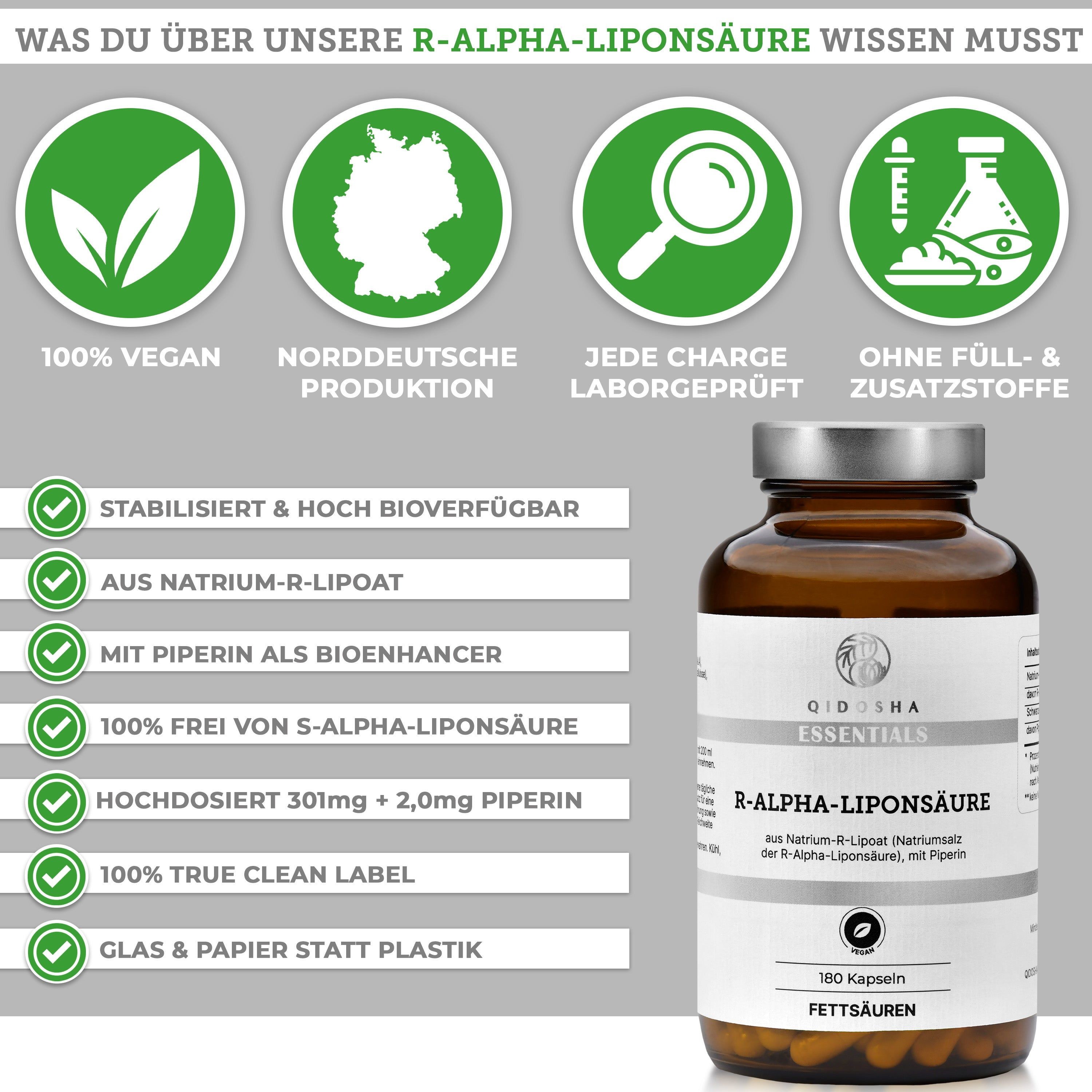 QIDOSHA R-Alpha-Liponsäure aus Natrium-R-Lipoat plus Piperin