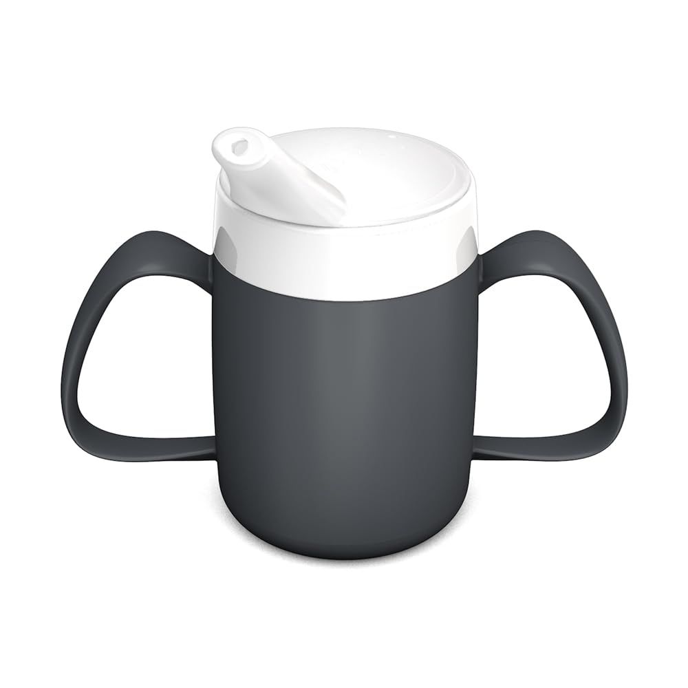 Becher mit zwei Griffen, grau-weiß. Deckel mit Trinkaufsatz. Kunststoff.