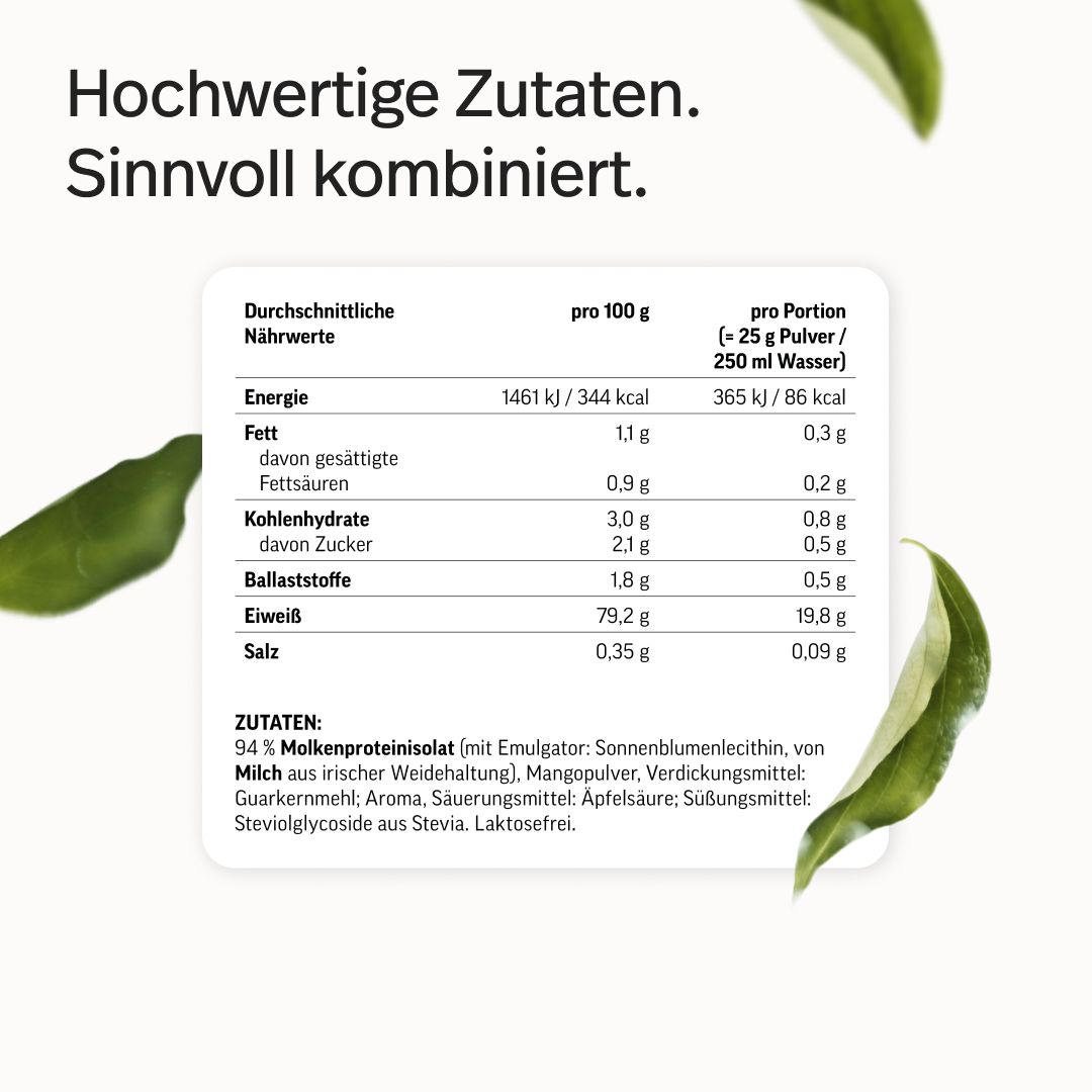 Nährwerttabelle für edubily® Whey Isolat. Zutatenliste mit Molkenproteinisolat, Mangopulver und Stevia.