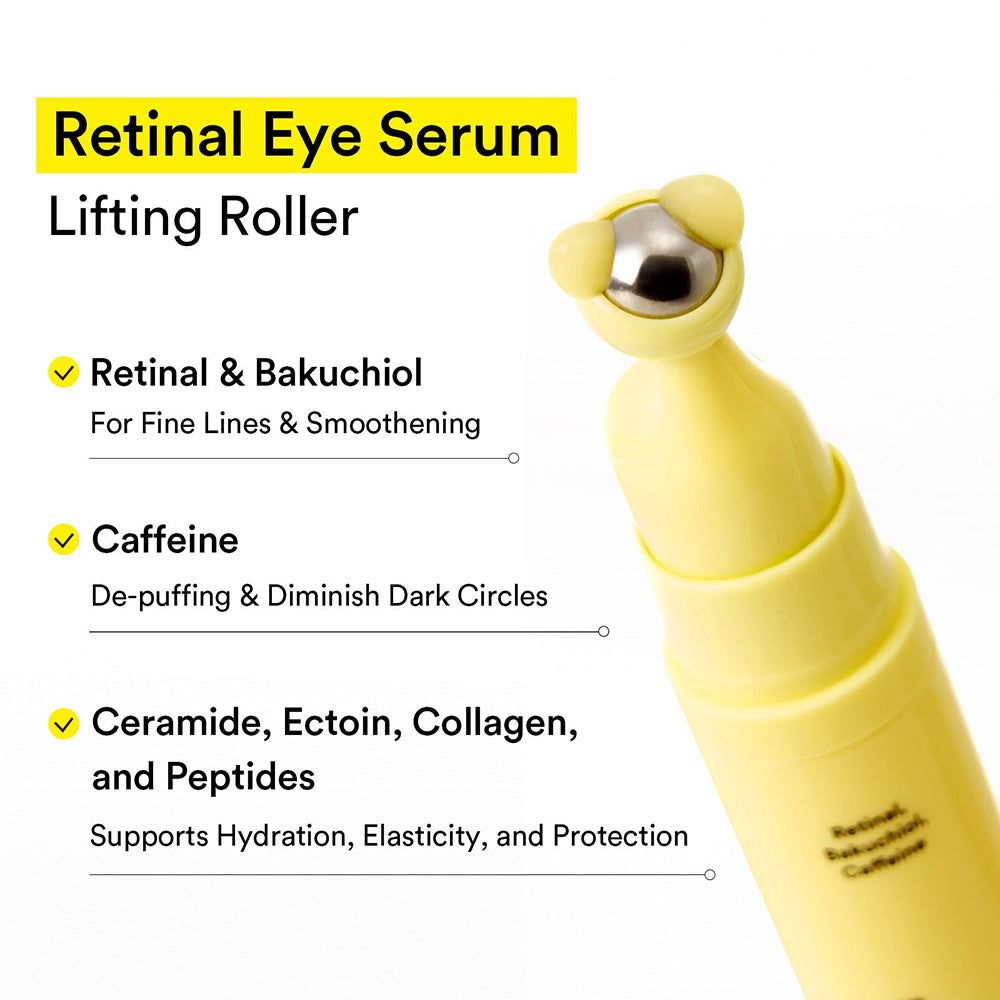 ABIB Retinal Eye Serum Lifting Roller mit Inhaltsstoffen: Retinal, Bakuchiol, Koffein, Ceramid.