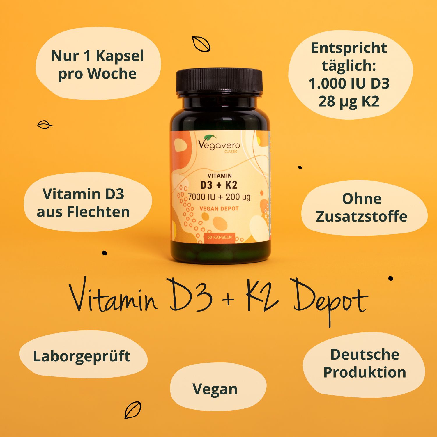 Produktflasche mit Text und Illustrationen. Enthält: Vitamin D3 aus Flechten, Ohne Zusatzstoffe, Deutsche Produktion, Vegan.