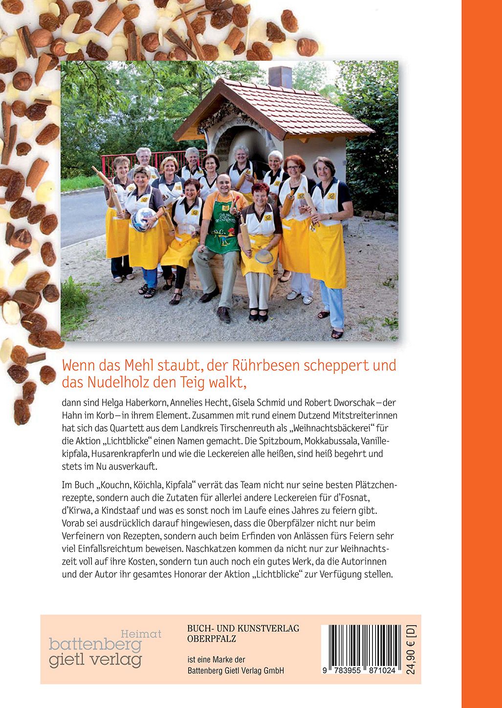 Rückseite eines Buches. Titel: Kouchn, Köichla, Kipfala. Gruppe von Menschen mit Gebäck. Verlag: Buch & Kunstverlag Oberpfalz.