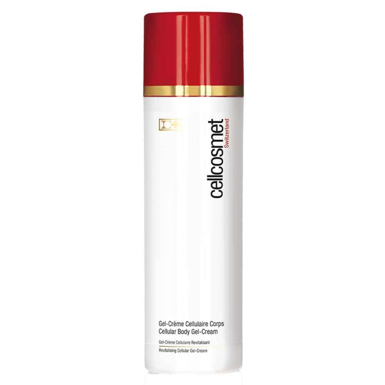 Weiß-rote zylindrische Flasche. Goldener Ring. Aufschrift: Cellcosmet Switzerland. Text: Gel-Crème Cellulaire Corps Cellular Body Gel-Cream.