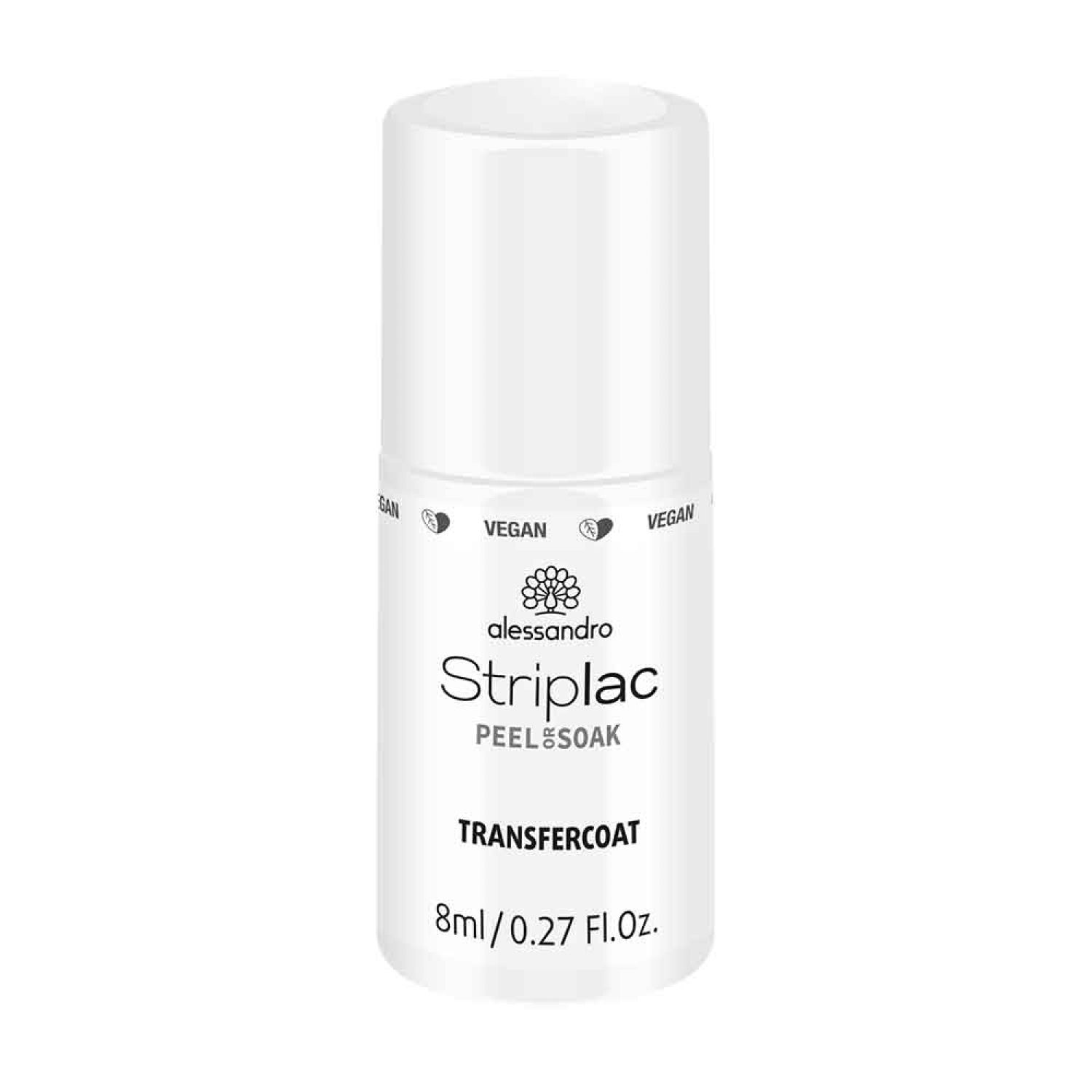 Weiße Flasche mit Alessandro Striplac Transfercoat. Vegan-Siegel. Aufschrift: 8ml/0.27 Fl.oz.