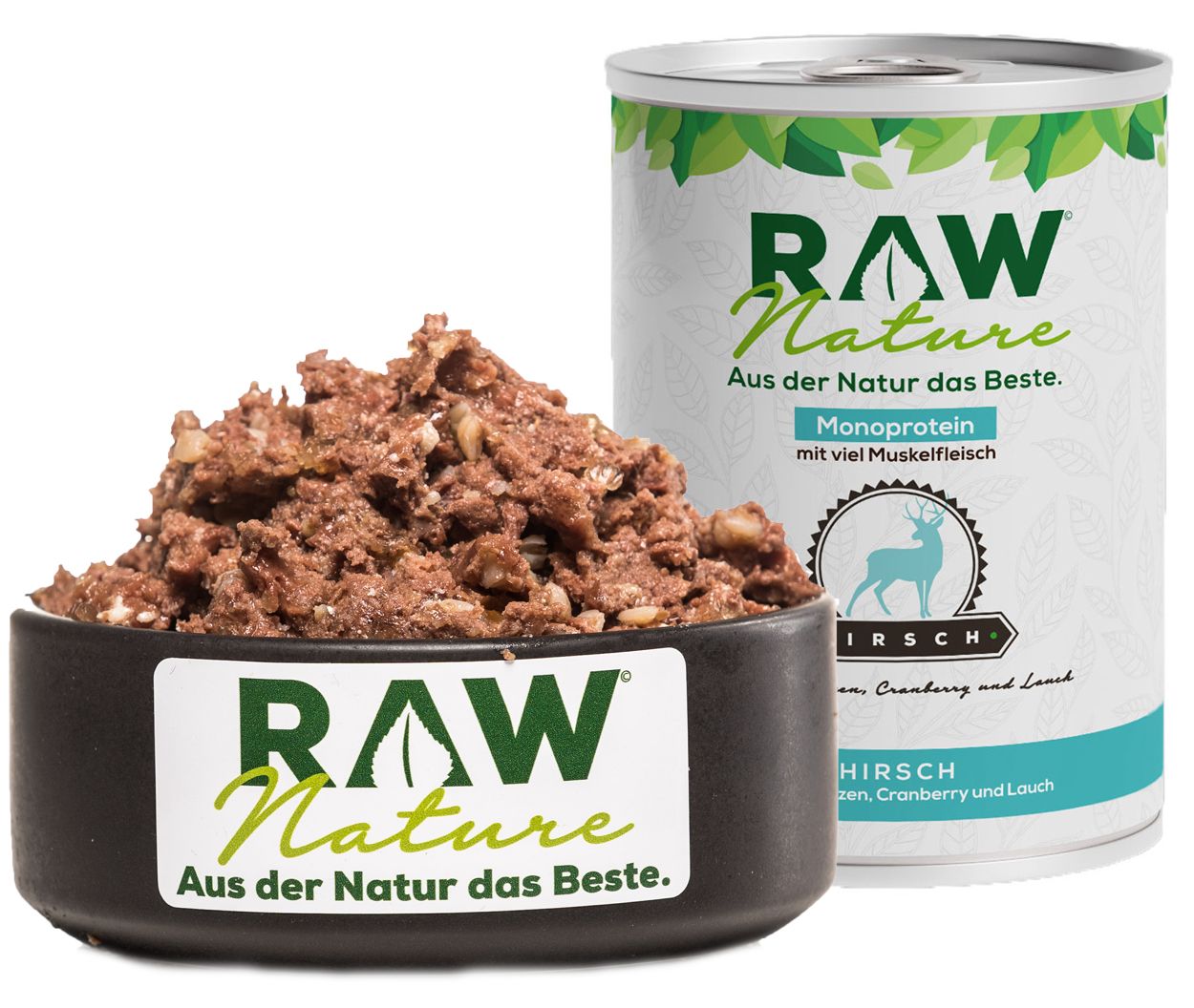 Nassfutter in Schale neben Dose. Schale mit Futter, Dose mit Etikett. RAW Nature Logo und Text sichtbar. Grün-weißes Design.