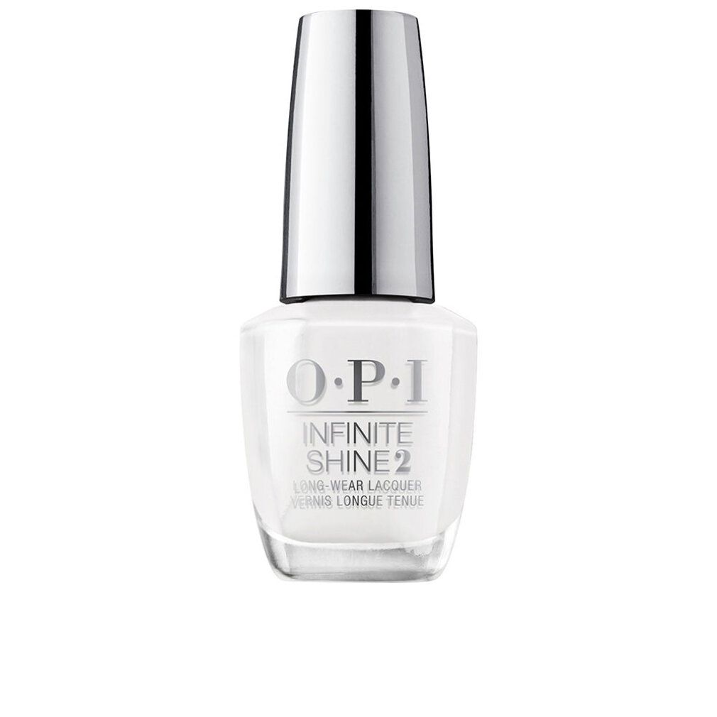 OPI Infinite Shine 2 Nagellack in Weiß mit silbernem Deckel, auf weißem Hintergrund.