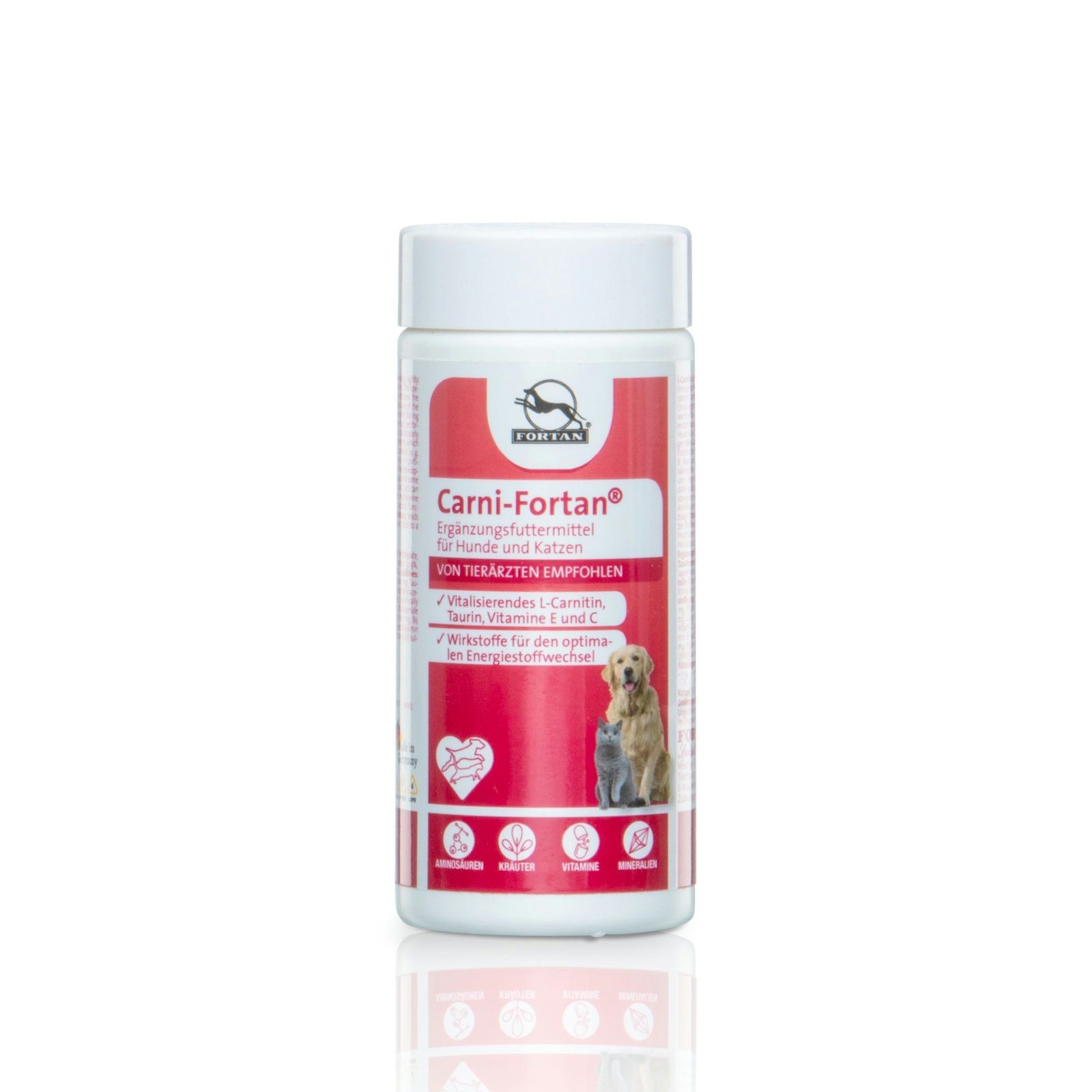 Weiße Dose mit rotem Etikett. Aufschrift: Carni-Fortan, Ergänzungsfuttermittel für Hunde und Katzen. Logo: Hund und Katze.
