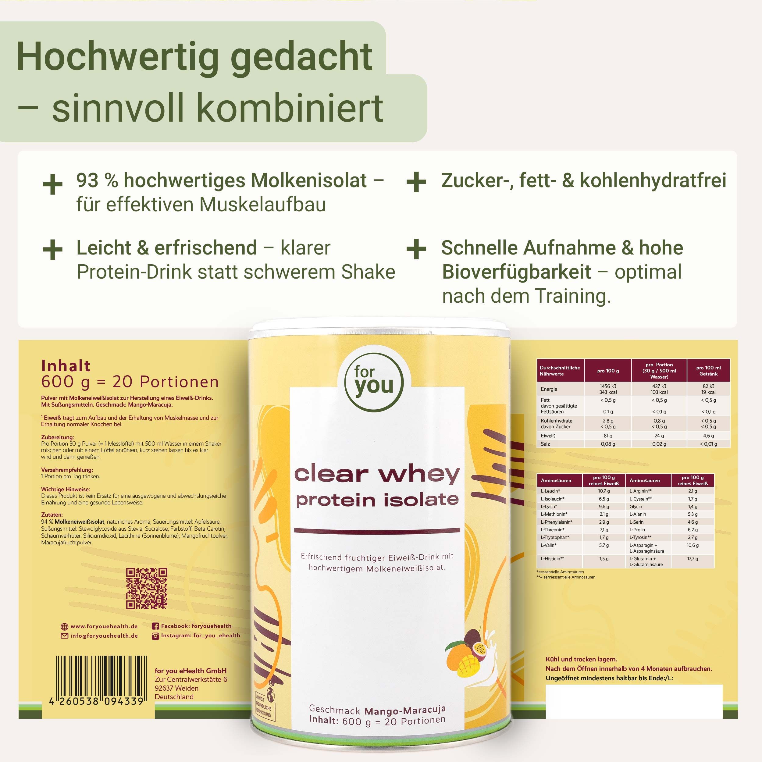Dose 'for you clear whey protein isolate'. Text: 93% Molkenproteinisolat, zucker-, fett-, kohlenhydratfrei.