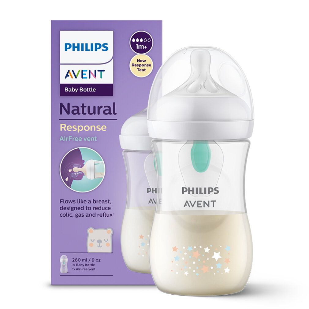 Babyflasche mit Verpackung. Aufschrift Philips Avent, Natural, AirFree Vent. Abbildung der Flasche und Beschreibung.