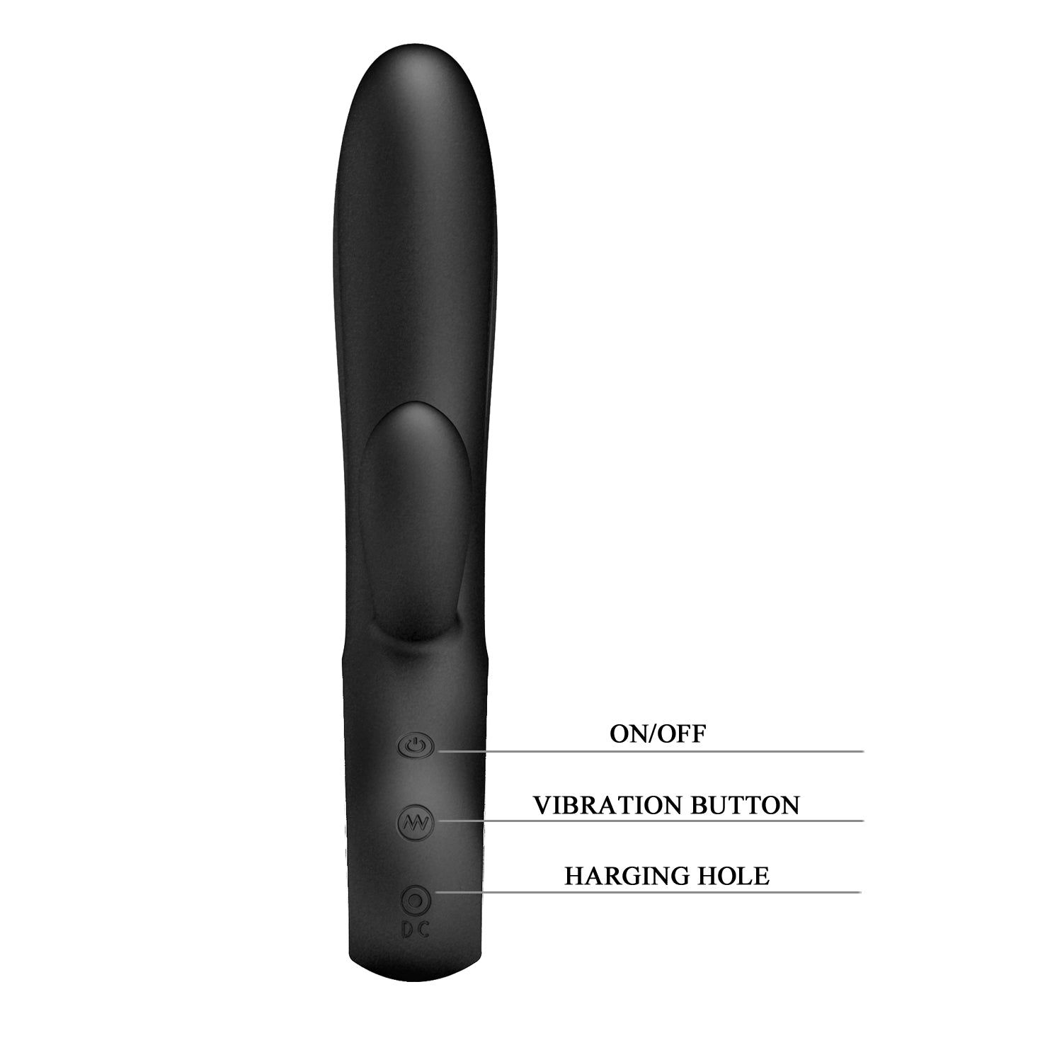 Schwarzes Wellness-Produkt mit drei Knöpfen: ON/OFF, Vibration, Ladeanschluss.