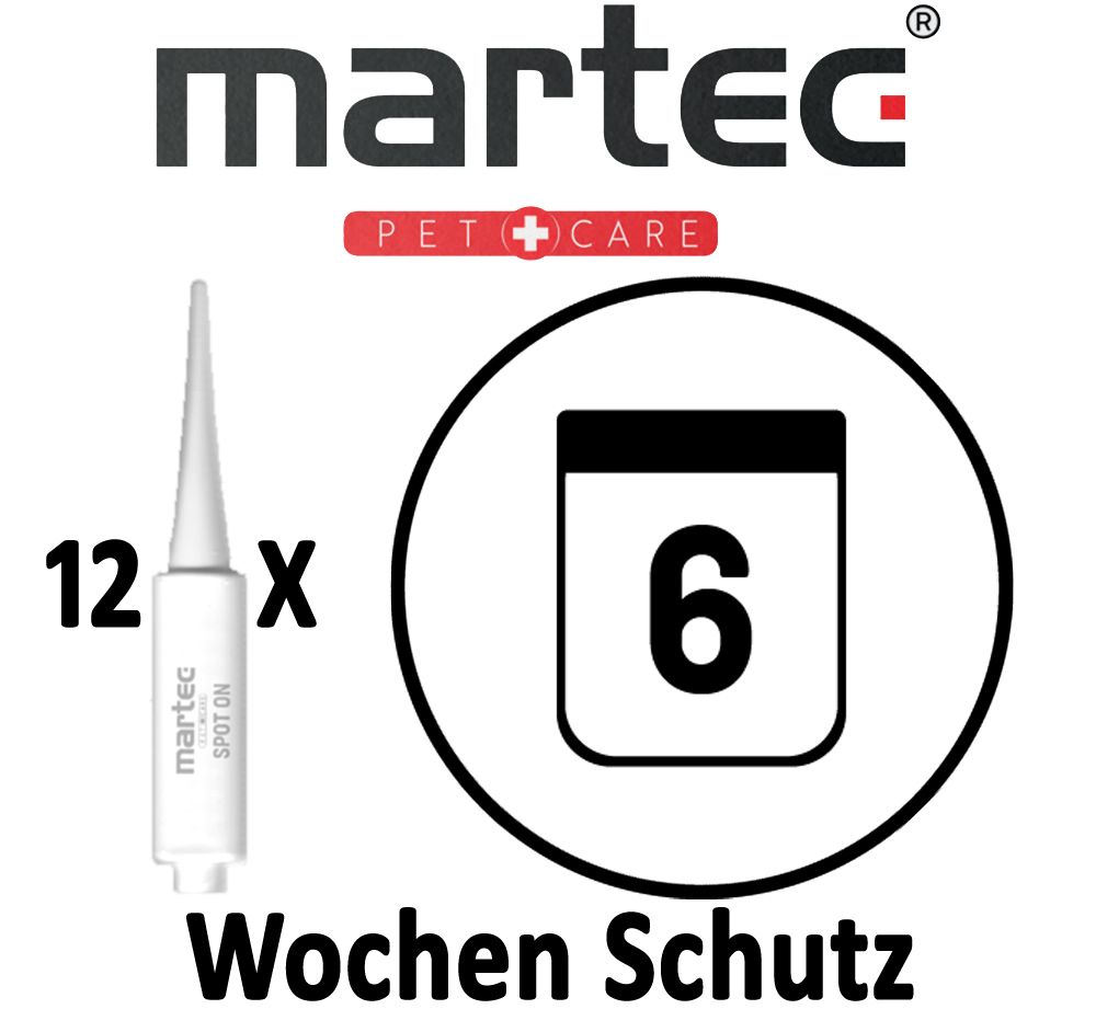 Produkt und Kalendersymbol mit Zahl 6. Text: 12 x Wochen Schutz. Marke: martec PET CARE.