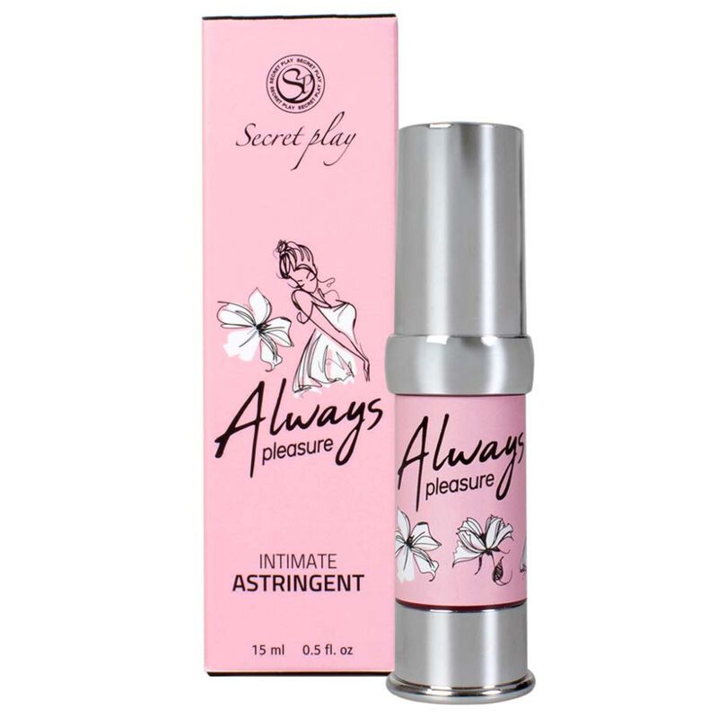 Rosa Flasche und Schachtel. Aufschrift: Always pleasure, Intimate Astringent. Marke: Secret Play. 15 ml.