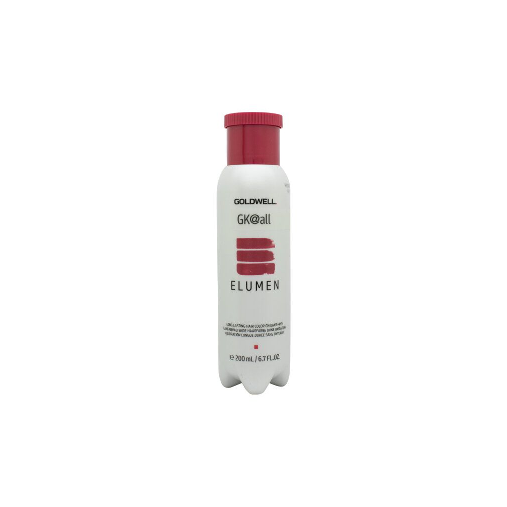 Goldwell Elumen Haarfarbe Flasche. Weiße Flasche mit rotem Deckel, Produktname und Logo.