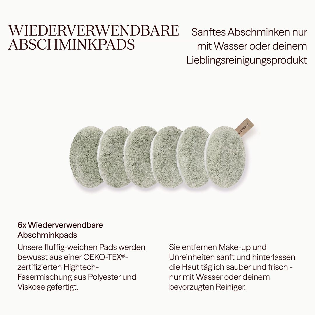 Sechs hellgrüne, ovale Abschminkpads. Text: Wiederverwendbare Abschminkpads, 6x wiederverwendbar, OEKO-TEX® zertifiziert.