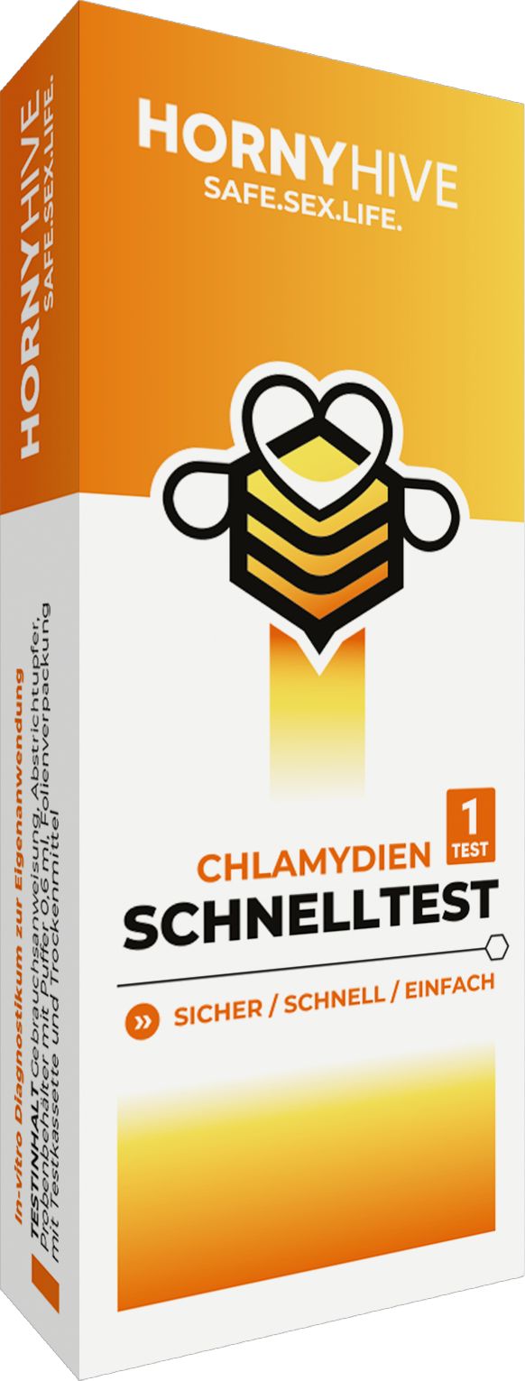Verpackung mit Chlamydien Schnelltest. Orange-weißes Design mit Logo und Text. Enthält Testkassette, Tupfer, Puffer und Trockenmittel.