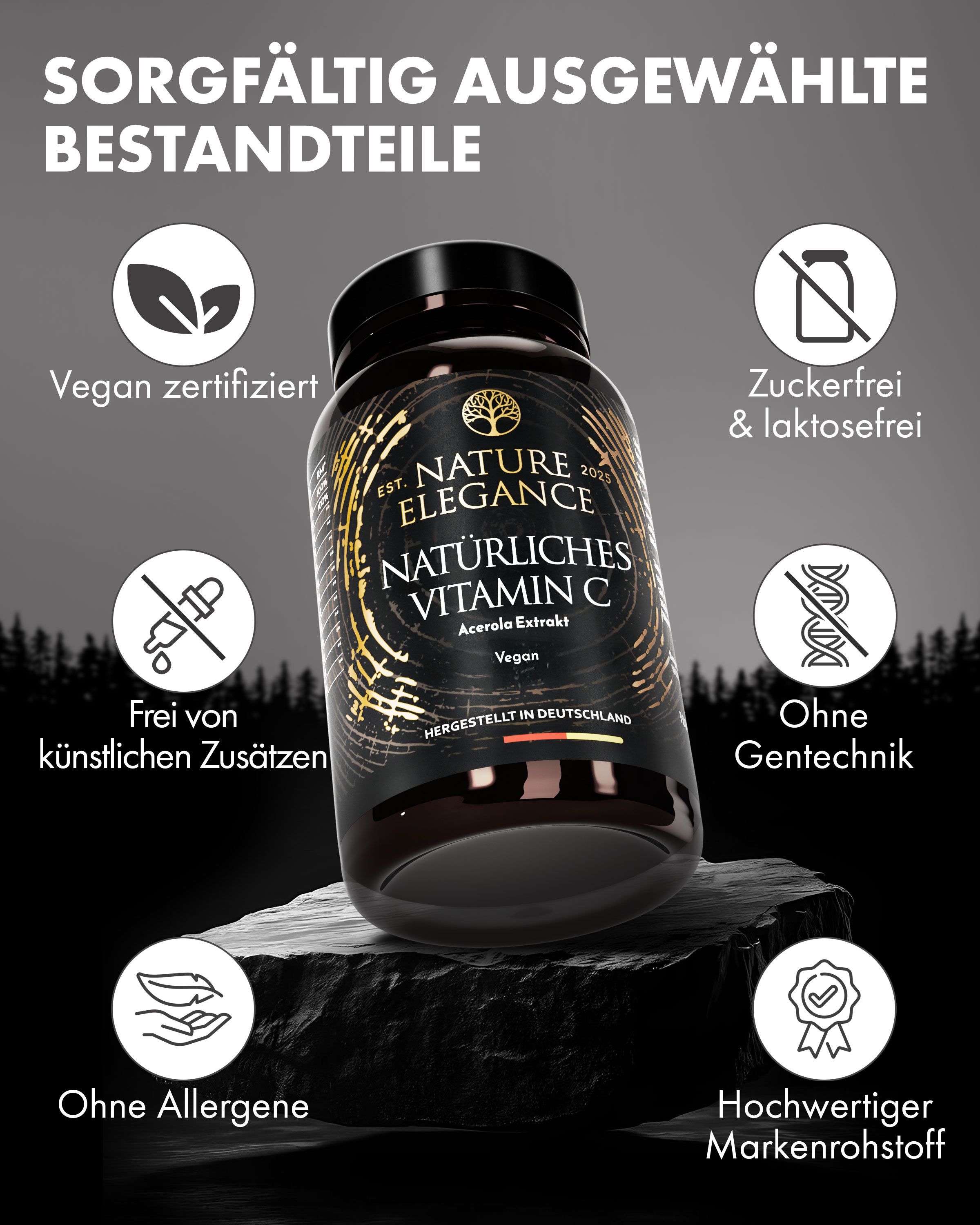 Braune Flasche mit Aufschrift: NATURE ELEGANCE, NATÜRLICHES VITAMIN C. Symbole: Vegan, zuckerfrei, ohne künstliche Zusätze, ohne Allergene, ohne Gentechnik.