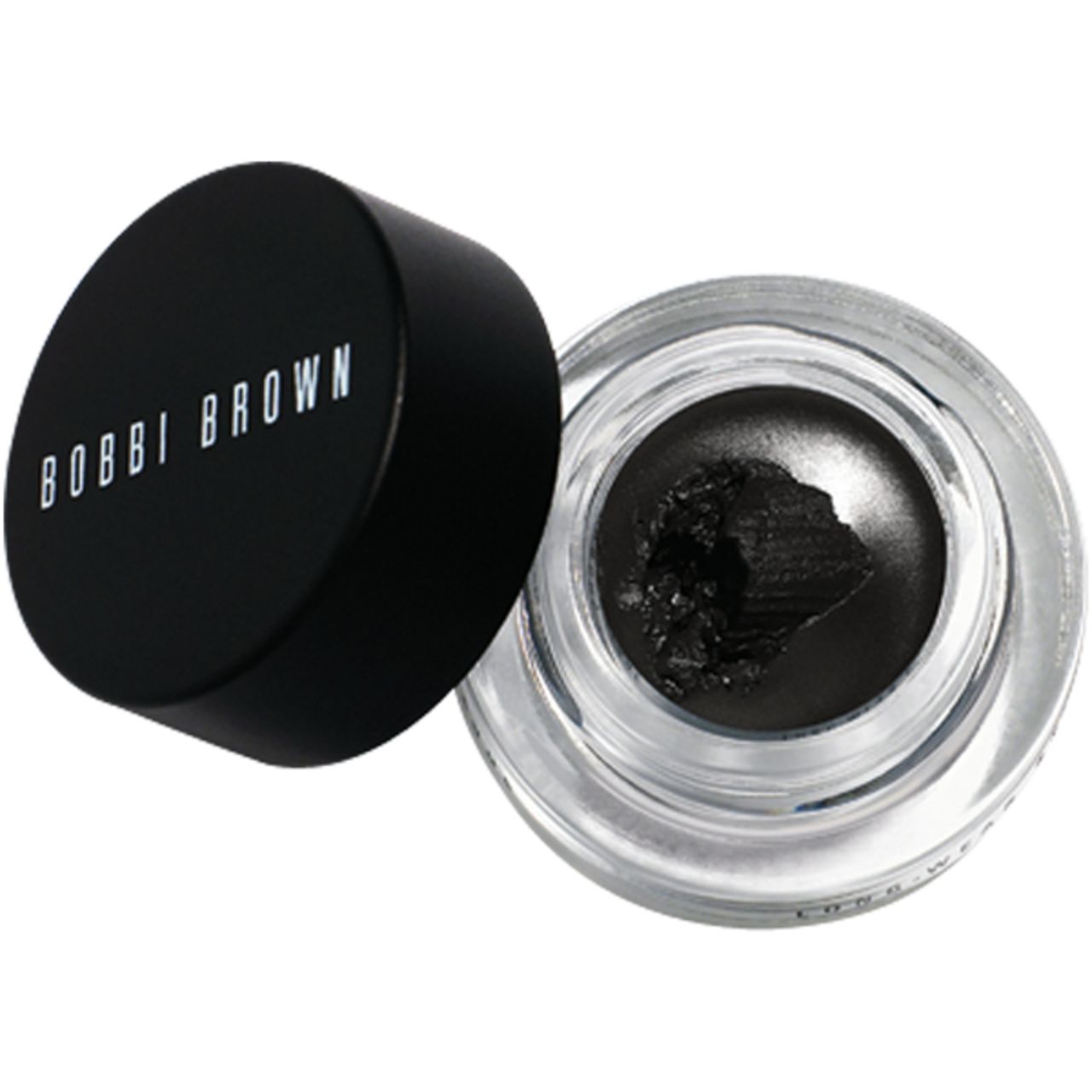 Schwarzer Gel-Eyeliner in einem Glasbehälter mit schwarzem Deckel. Der Deckel trägt den Markennamen BOBBI BROWN in weißer Schrift.