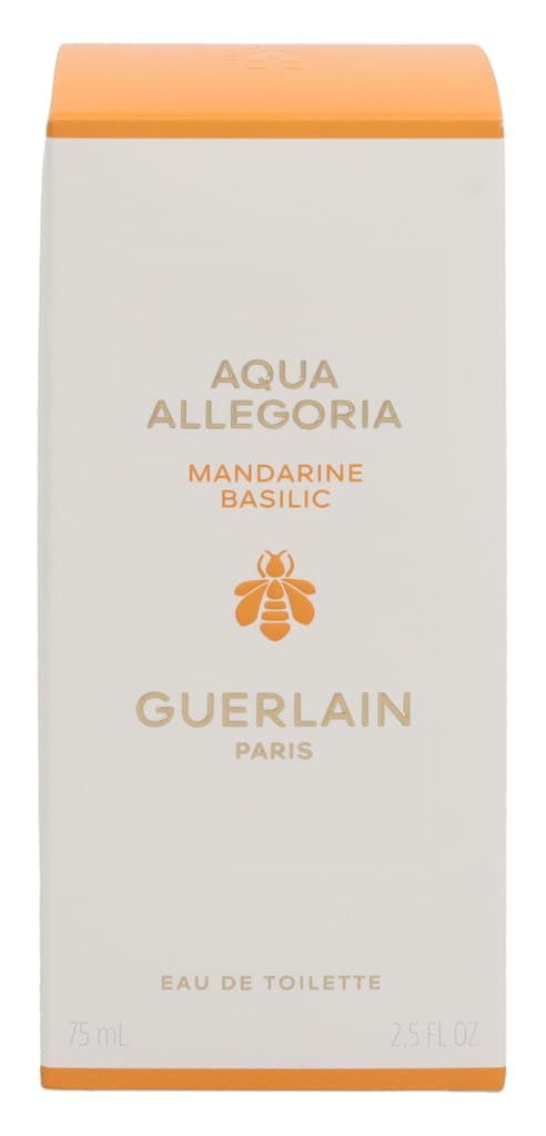 Weiße Verpackung mit orangefarbener Oberseite. Schriftzug Aqua Allegoria, Mandarine Basilic, Guerlain. Aufschrift Eau de Toilette. 75 ml, 2.5 FL OZ.