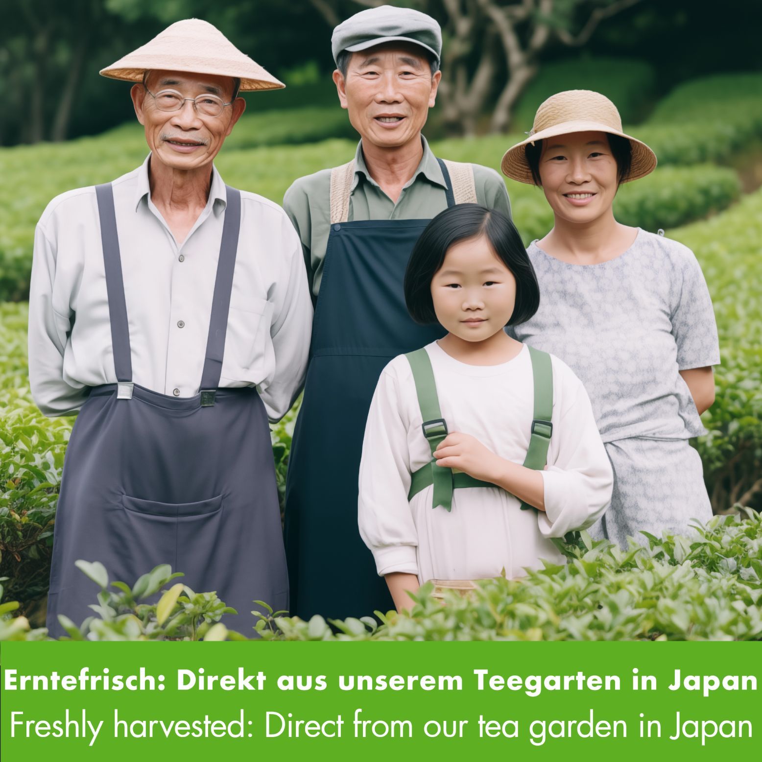 Vier Personen stehen in einem Teegarten. Sie lächeln in die Kamera.