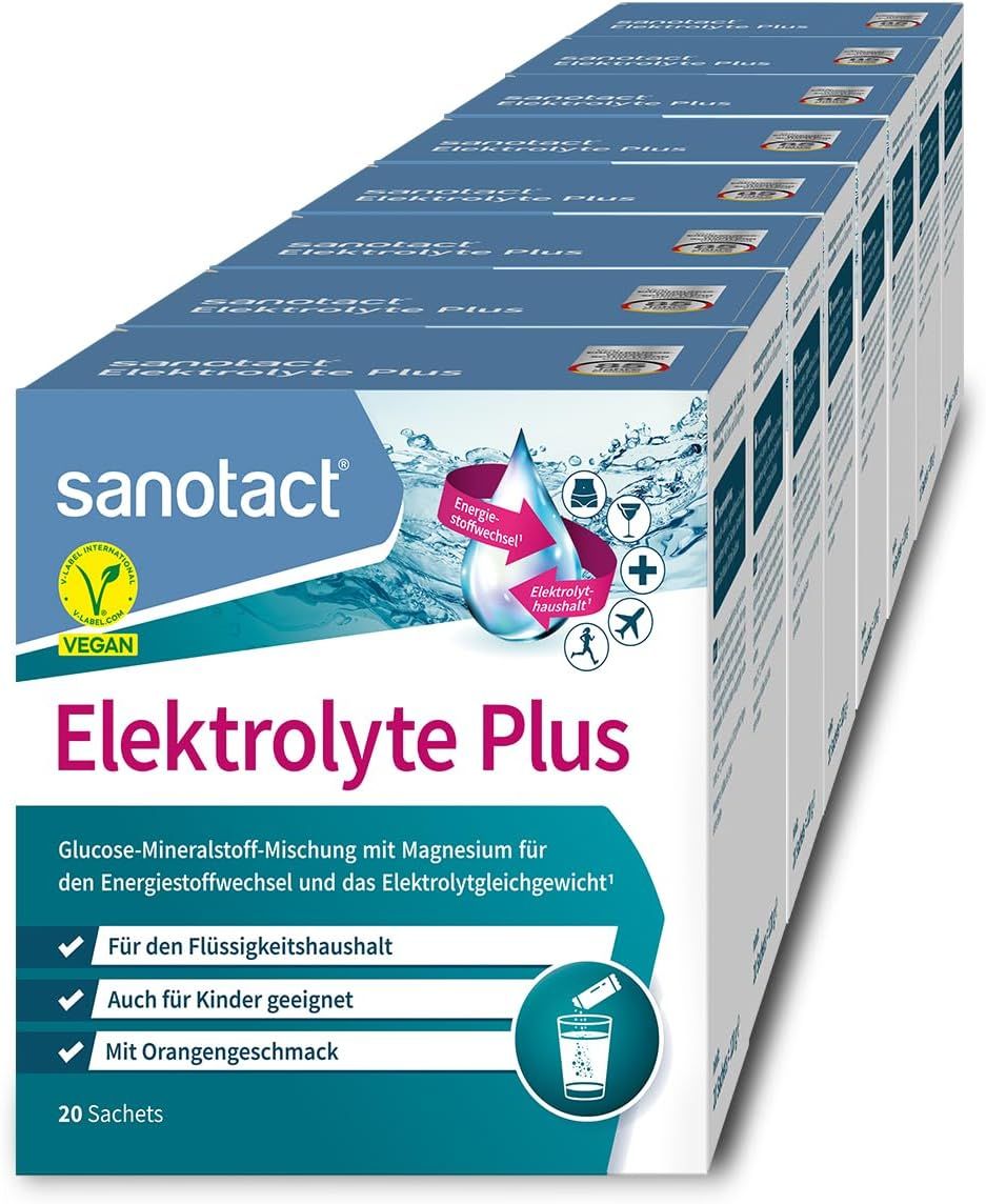 Mehrere Packungen sanotact Elektrolyte Plus. Aufdruck: Elektrolyte Plus, 20 Sachets, vegan, mit Orangengeschmack.