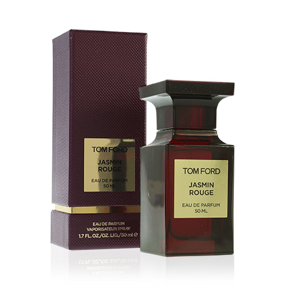 Dunkelroter Flakon und Verpackung. Aufschrift: Tom Ford Jasmin Rouge. Eau de Parfum. 50 ml. Rechteckige Form.
