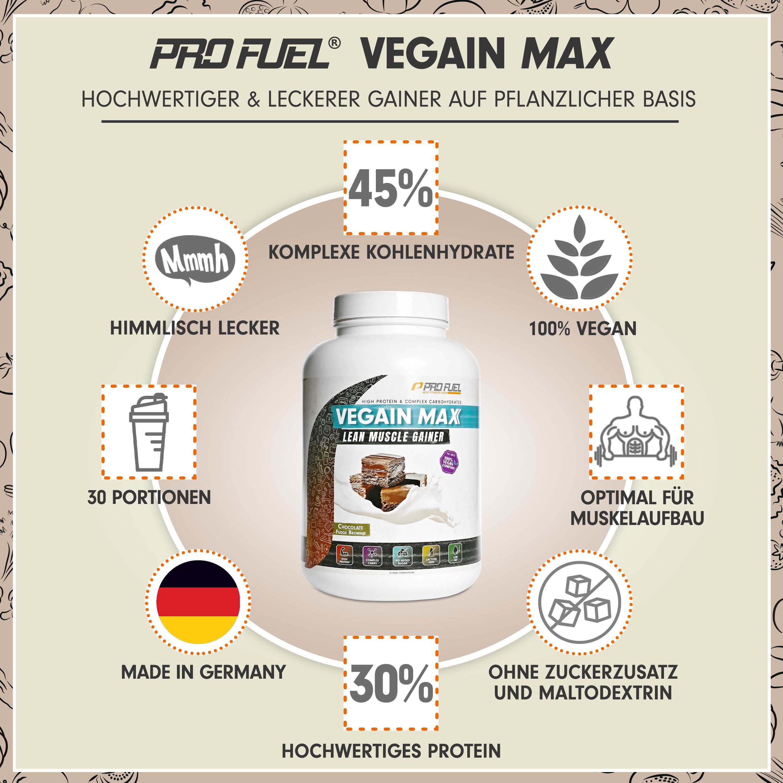 Weiße Dose mit Produktnamen und Zusatzinformationen. Text: 45% komplexe Kohlenhydrate, 100% vegan, 30 Portionen, ohne Zuckerzusatz, Made in Germany.