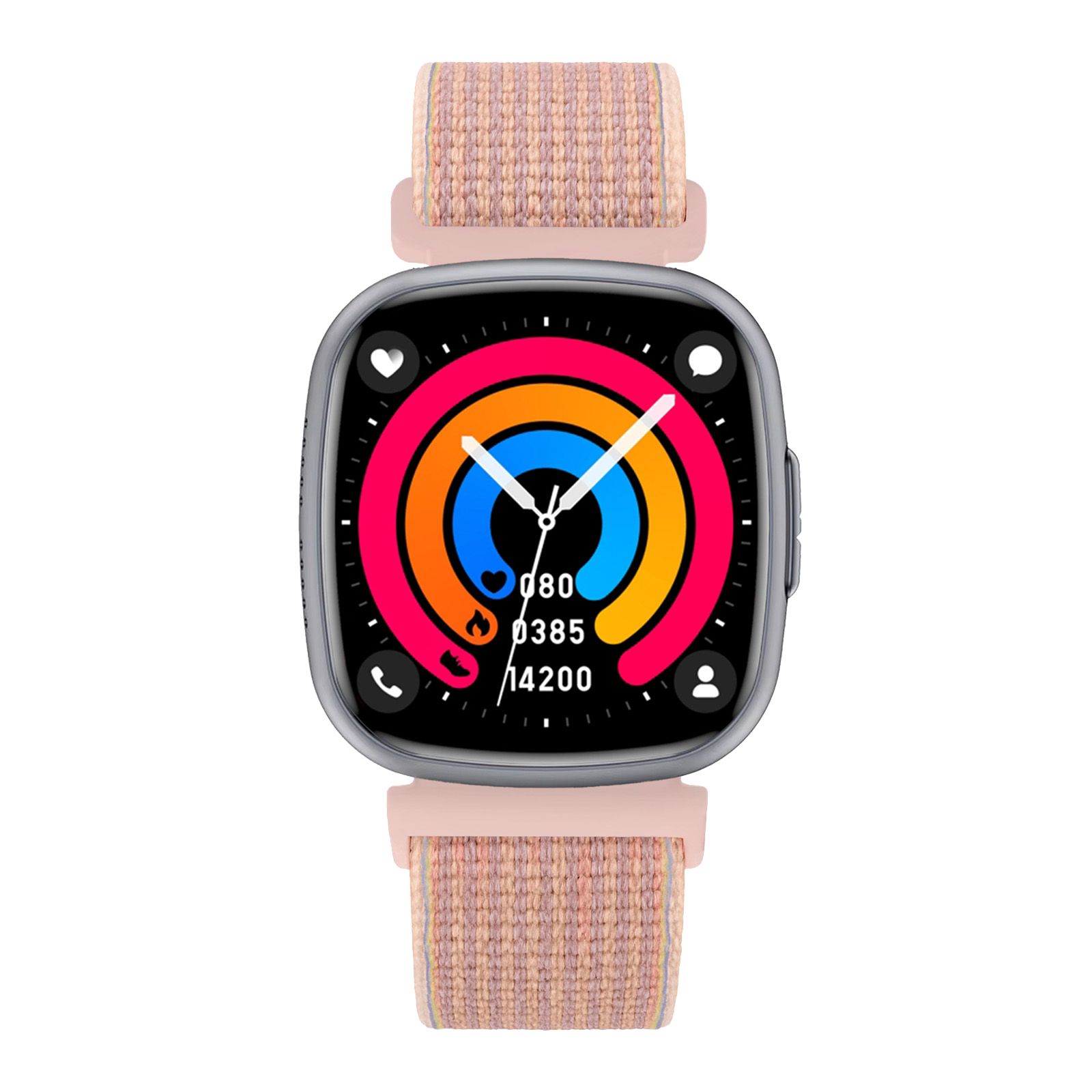 Smartwatch mit rosa Armband. Quadratisches Zifferblatt mit farbigen Kreisen und Ziffern. Verschiedene Symbole.