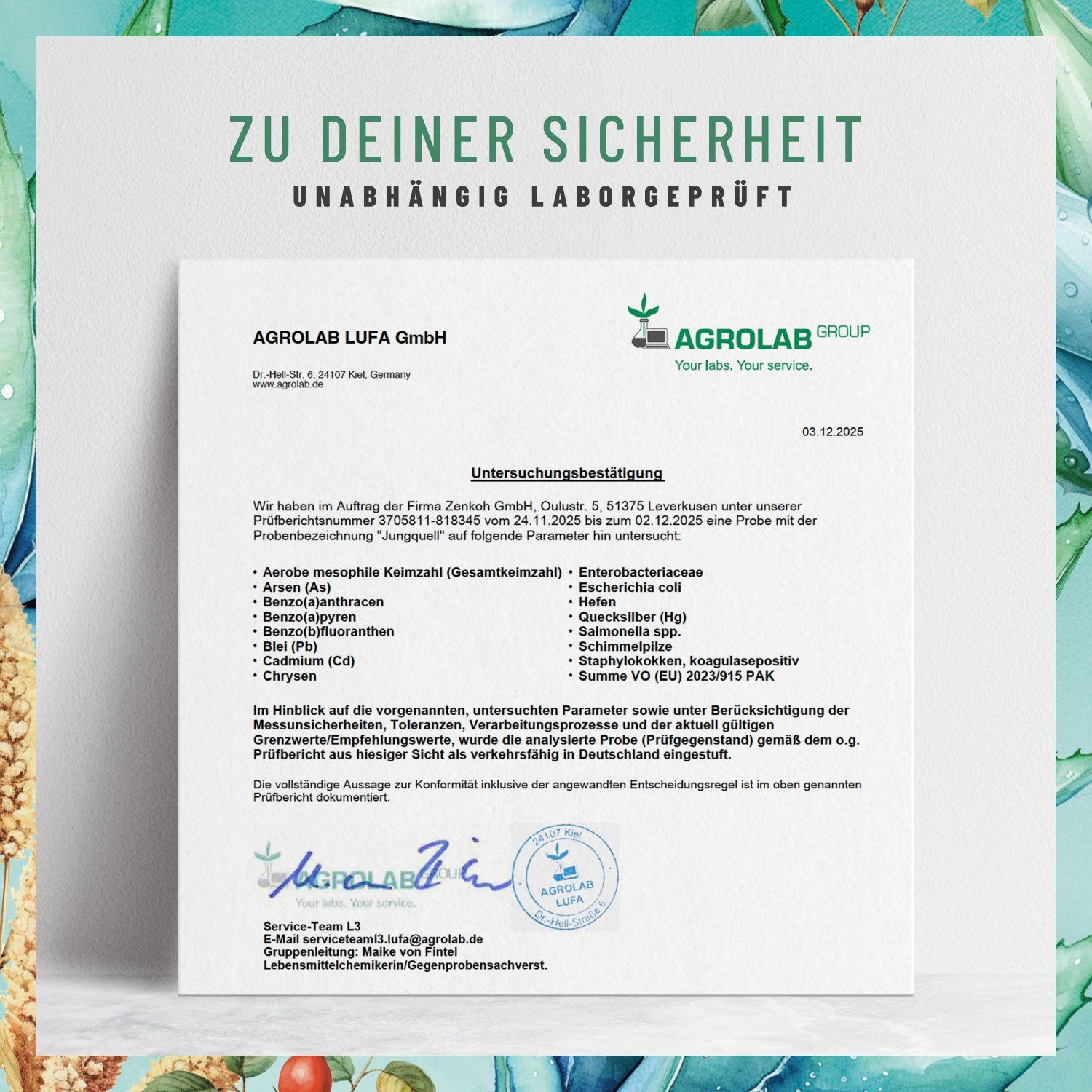 Zertifikat von AGROLAB LUFA GmbH. Text: ZU DEINER SICHERHEIT. Unabhängig laborgeprüft. Unterschriften und Details.