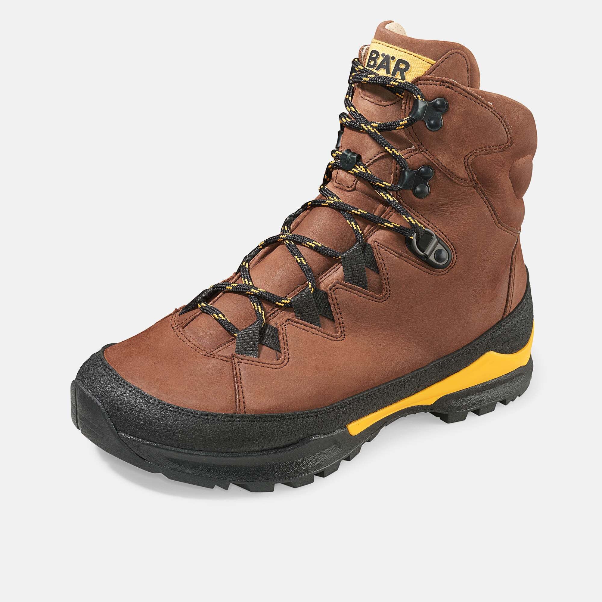 Brauner Leder-Wanderstiefel mit gelben Akzenten, Schnürung und robuster Sohle.
