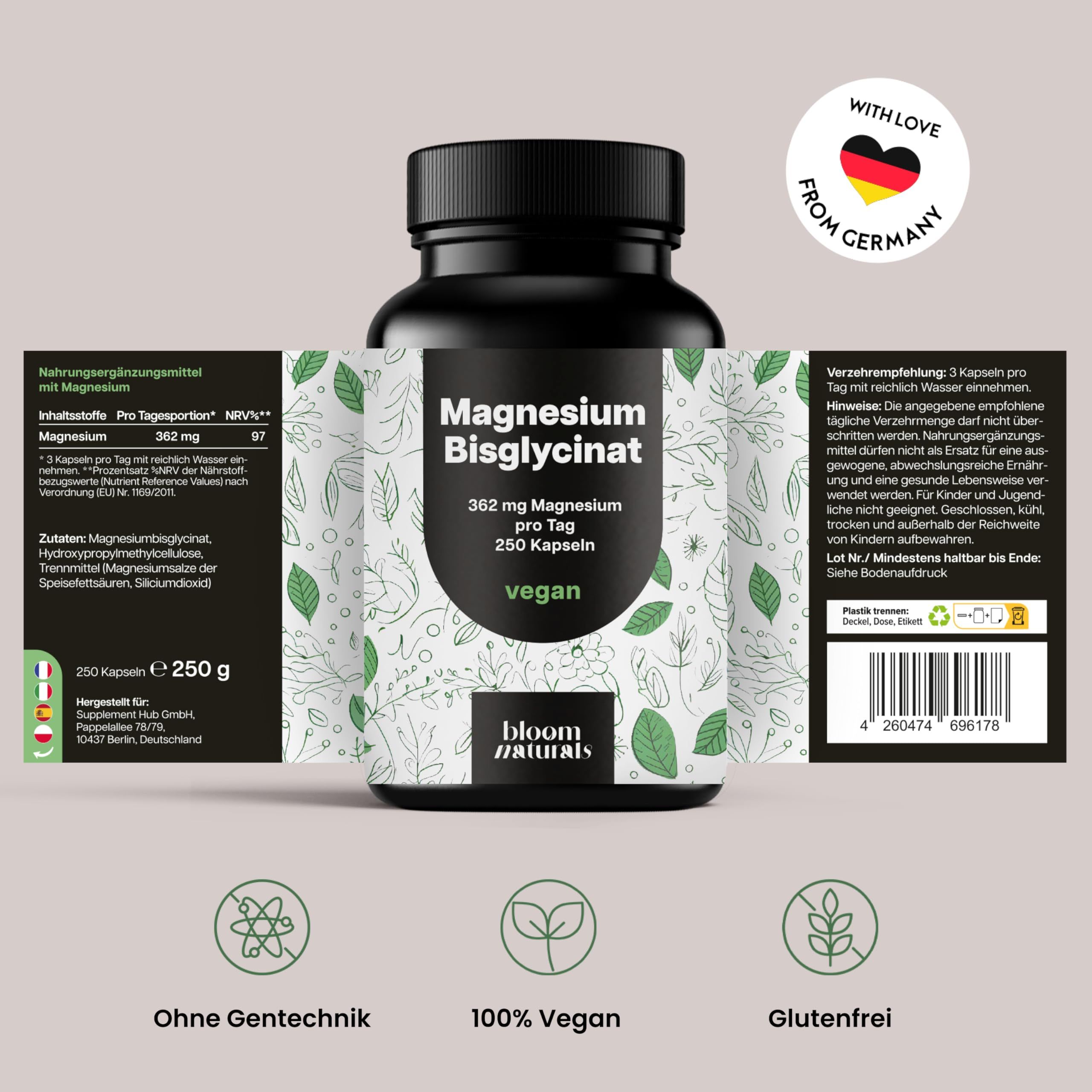 Flasche mit Etikett. Text: Magnesium Bisglycinat, 362 mg, 250 Kapseln, vegan. Text: Ohne Gentechnik, 100% Vegan, Glutenfrei. Mit Liebe aus Deutschland.
