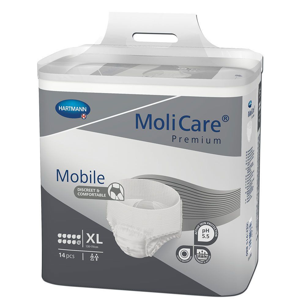 Verpackung MoliCare Premium Mobile. XL, 14 Stück. Hartmann Logo. pH 5.5. Einweghose mit textilem Tragekomfort.