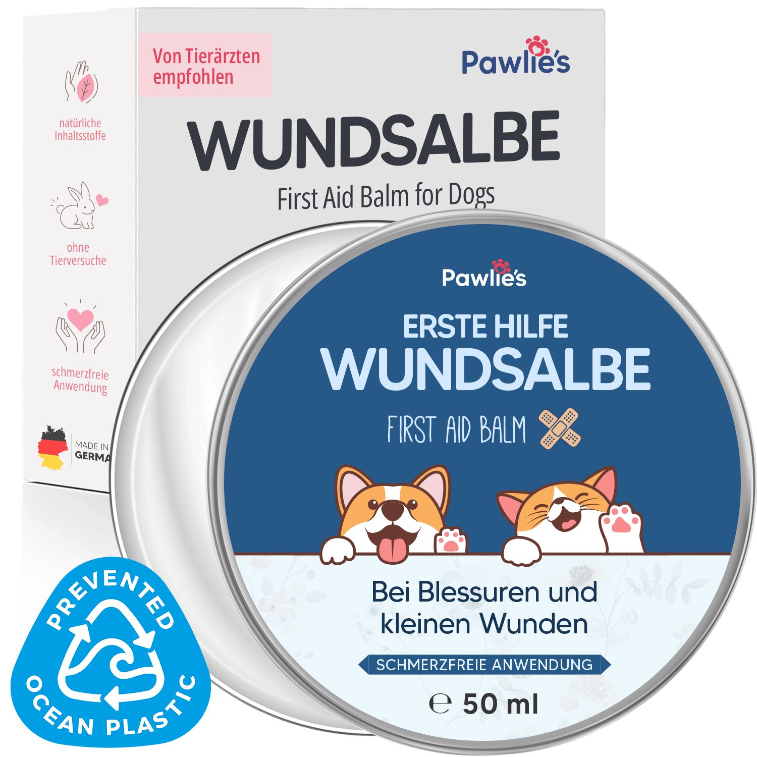 Produktverpackung mit Dose "Wundsalbe". Text: "First Aid Balm for Dogs". Logo und Produktname.