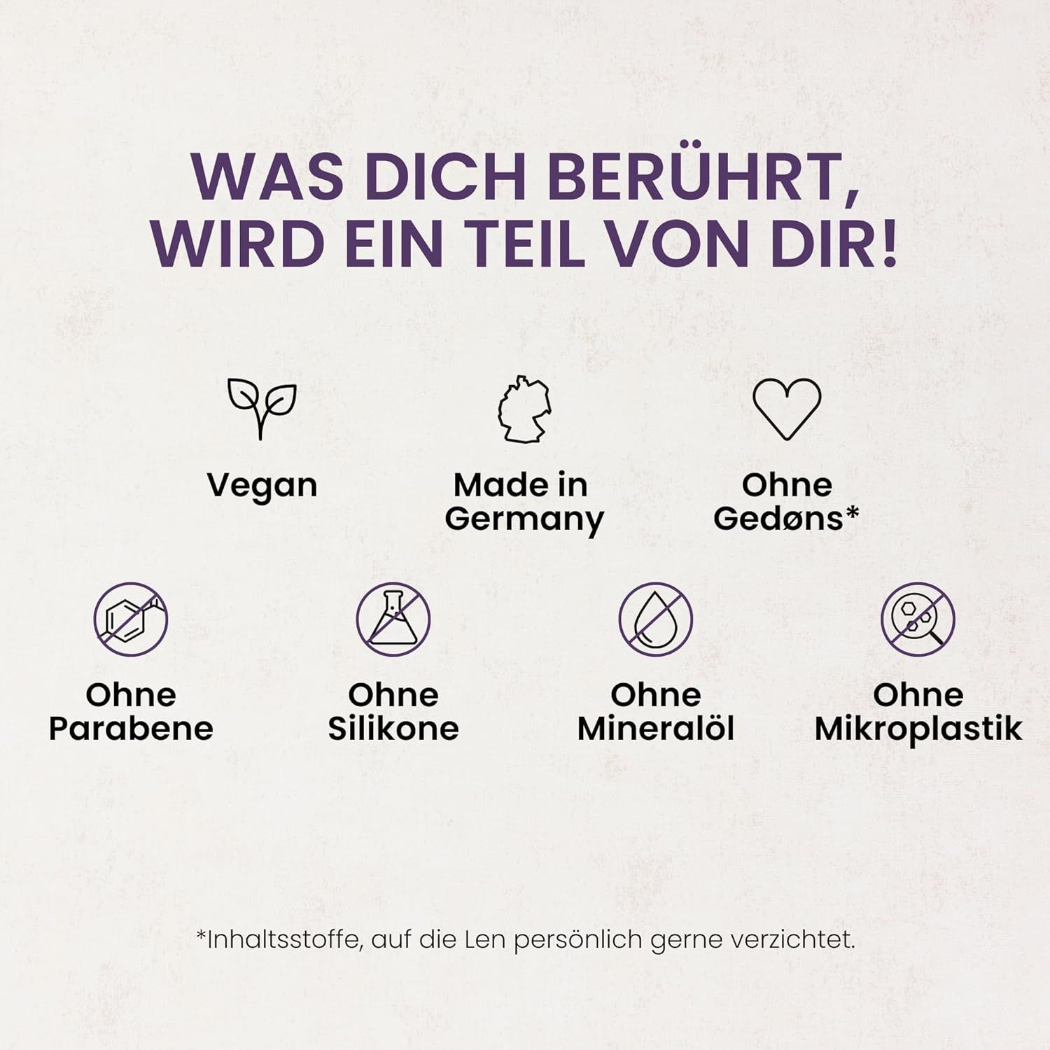 Symbole: Vegan, Made in Germany, Ohne Gedøns, Ohne Parabene, Silikone, Mineralöl, Mikroplastik.