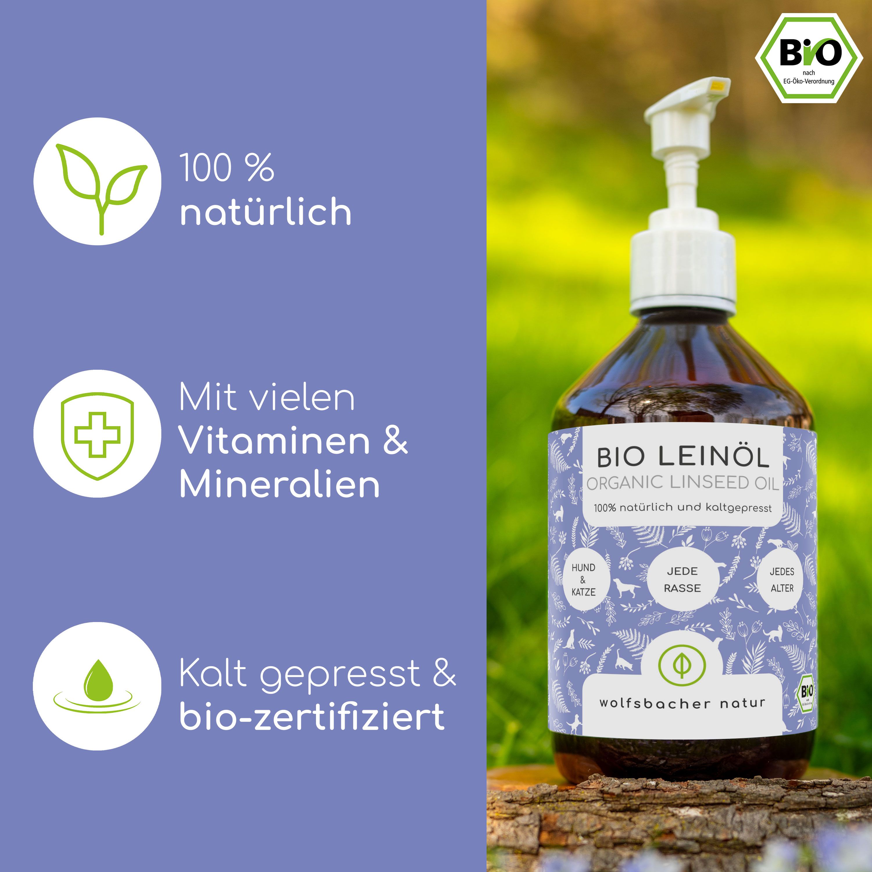 Flasche BIO Leinöl mit Text. Text: 100% natürlich, Mit Vitaminen & Mineralien, Kalt gepresst & bio-zertifiziert.