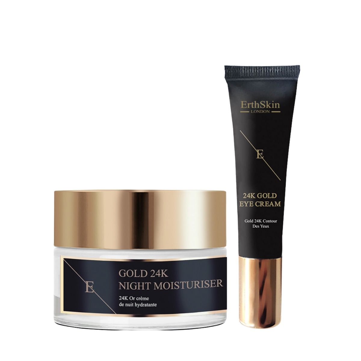 ErthSkin London Nachtcreme und Augencreme. Gläser mit goldenen Deckeln. Schwarze Etiketten mit weißem Text. Text: 24K Gold.