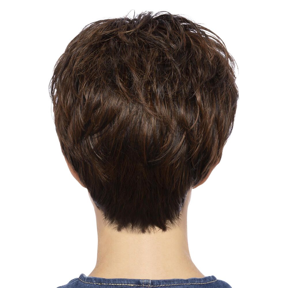 Kurzhaarperücke in Braun. Rückansicht.