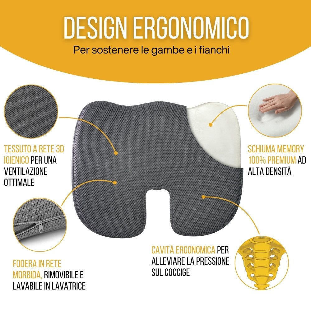 Cuscino a forma di U. Cuscino grigio ergonomico con aree colorate. Per coccige, fianchi e sciatica.