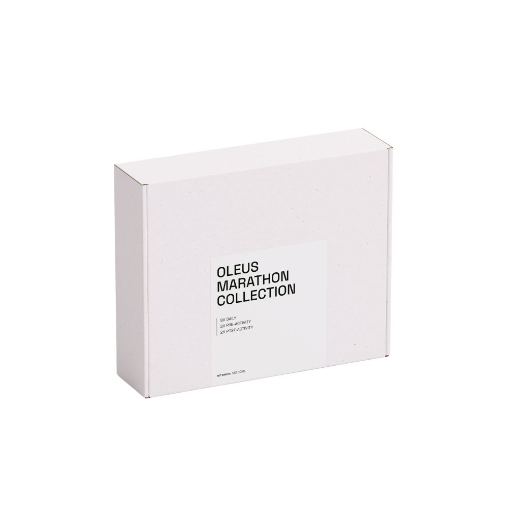 Weiße Produktverpackung mit Aufschrift OLEUS MARATHON COLLECTION. Enthält 14 Pre-Activity und 14 Post-Activity Fläschchen.