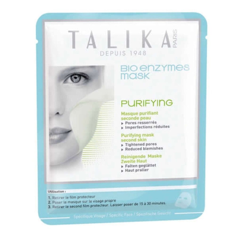 TALIKA Bio Enzymes Mask Purifying. Gesichtspflegemaske in Folienverpackung. Enthält 20g. Mit Anwendungsanleitung.
