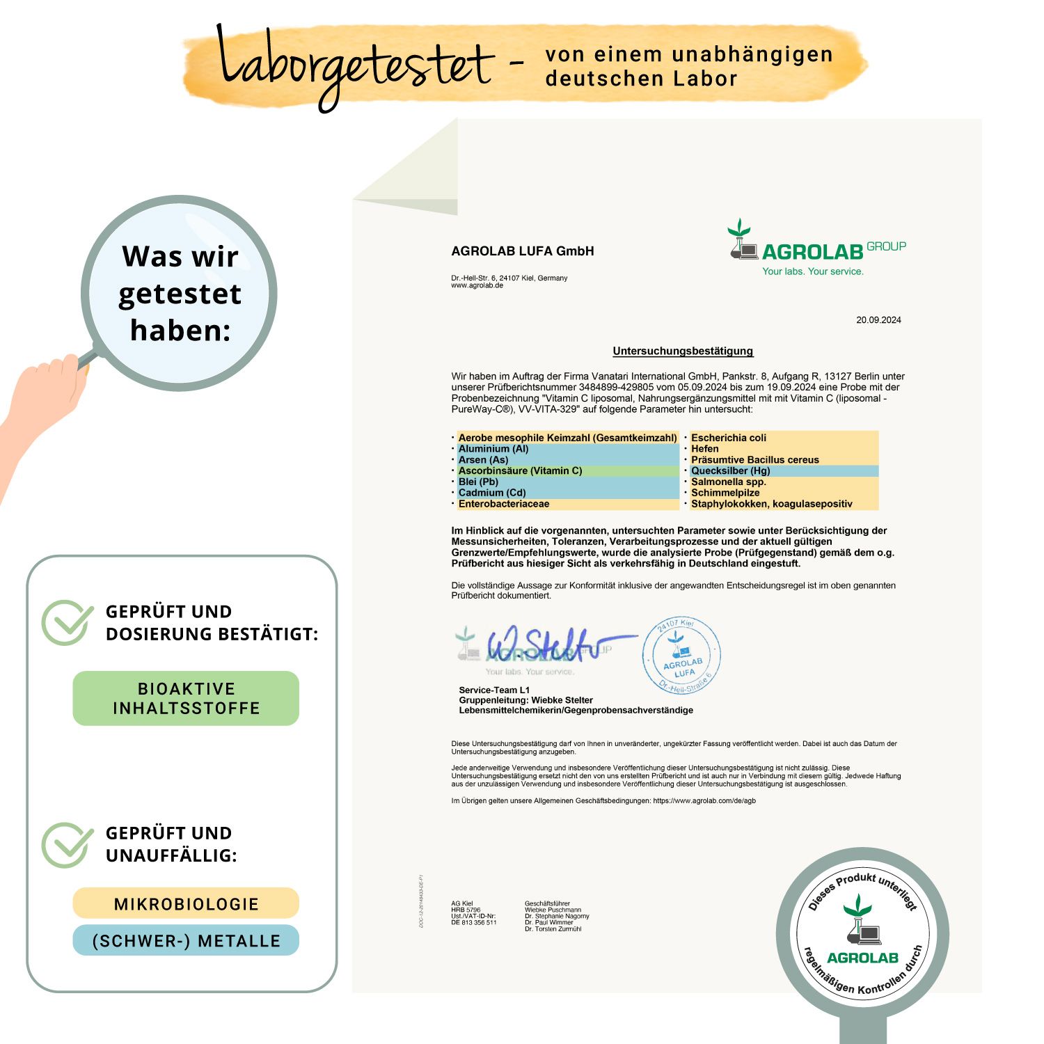 Zertifikat von Agrolab. Texte: Laborgetestet, Bioaktive Inhaltsstoffe, Geprüft und unauffällig.