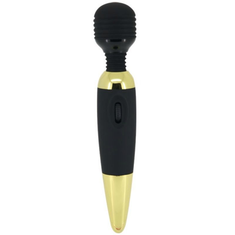 Schwarzer und goldfarbener Massagestab. Mit schwarzem Kopf, goldfarbenem Mittelteil und Spitze. Ein/Aus-Schalter.