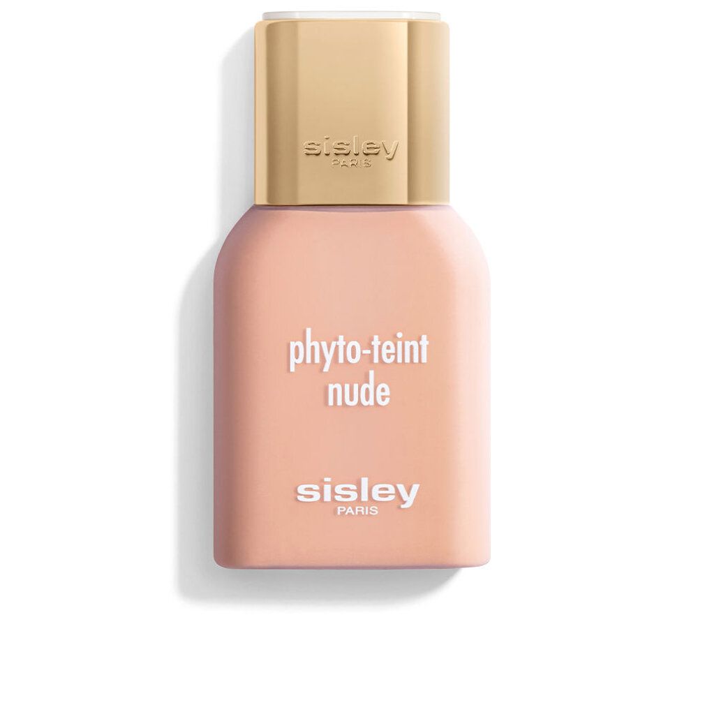 Sisley Phyto-Teint Nude Foundation. Beige Flasche mit goldenem Deckel. Schriftzug: Phyto-Teint Nude und Sisley Paris.