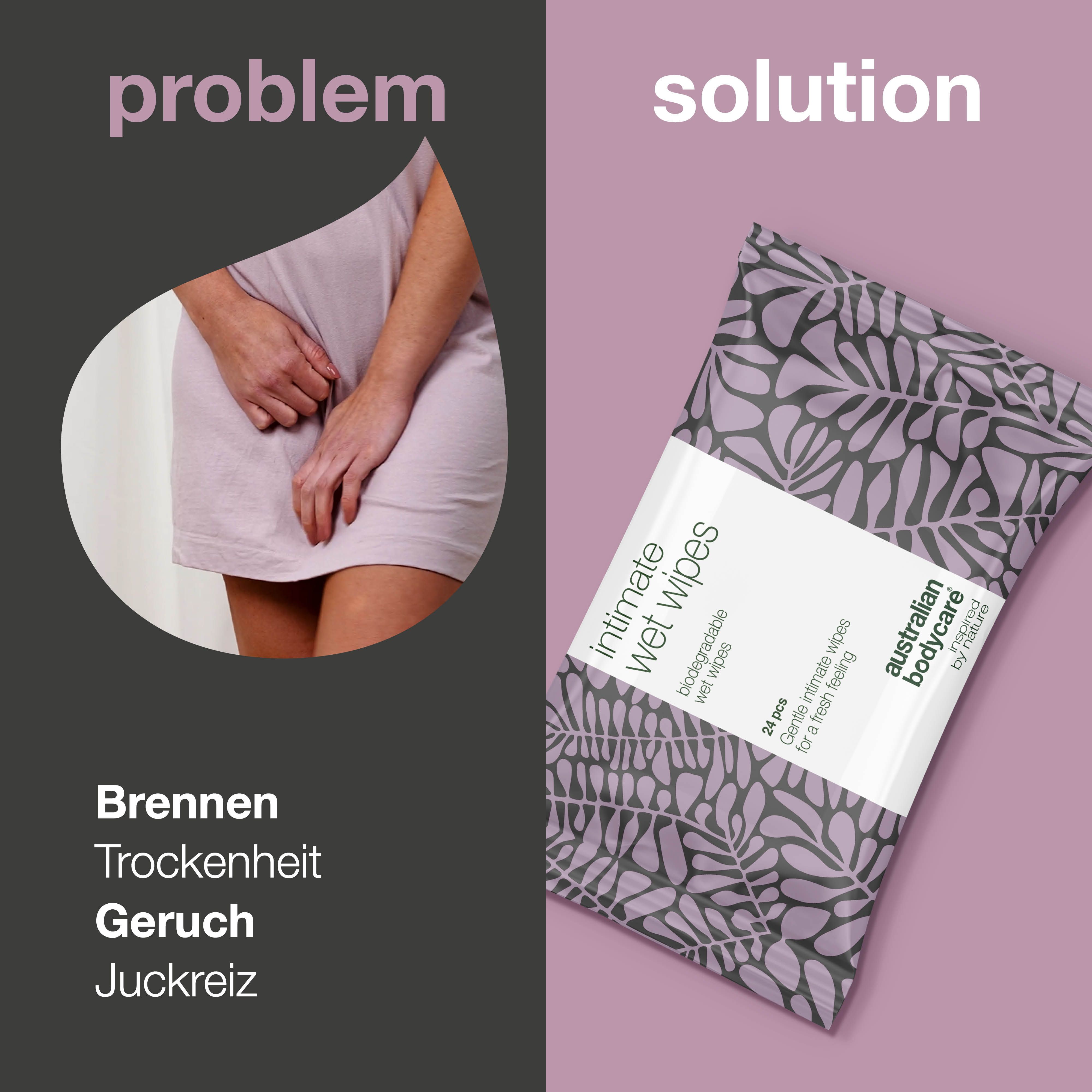 Vergleich: Problem und Lösung. Links: Frau, rechts: Intim-Feuchttücher. Marke: Australian Bodycare.