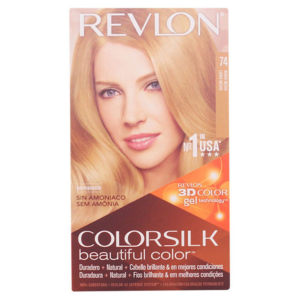 Revlon Colorsilk Haarfarbe. Blond Moyen 74. Verpackung mit Frau mit blonden Haaren. Ohne Ammoniak, 3D Color Gel Technologie.